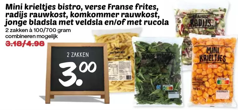 Mini krieltjes bistro, verse Franse frites, radijs rauwkost, komkommer rauwkost, jonge bladsla met veldsla en/of met rucola