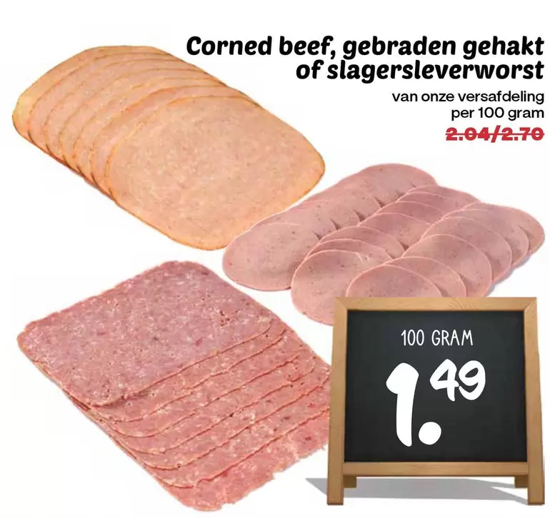 Corned beef, gebraden gehakt of slagersleverworst